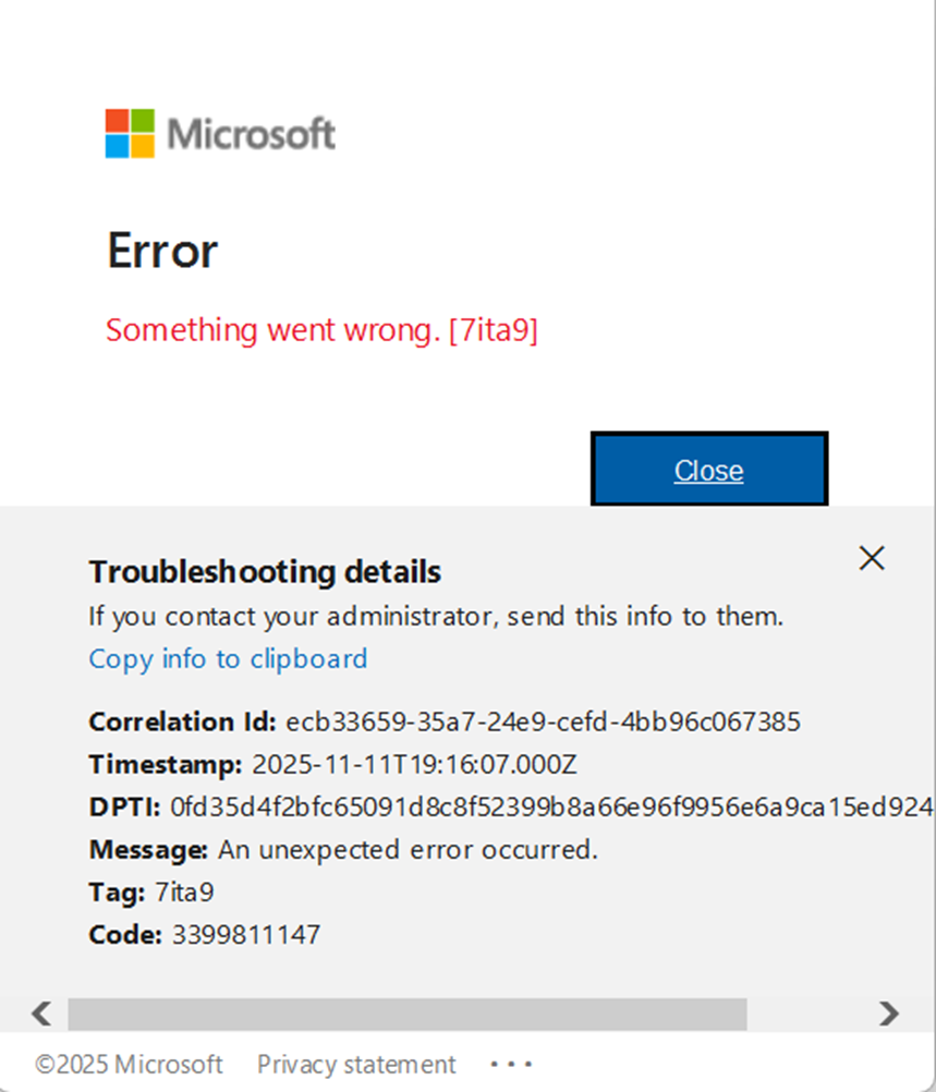 7ita9 error - Microsoft Q&A