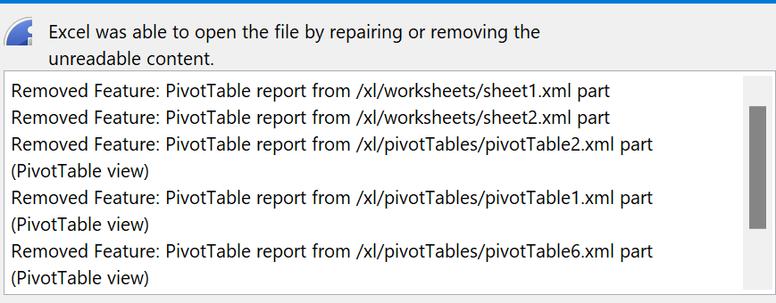 Excel file cannot be opened: Suddenly removed feature: PivotTable ...