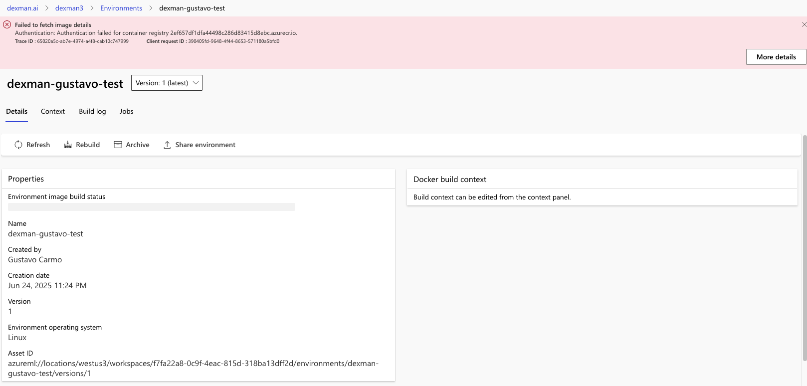 1 - Azure ML Portal, cannot access container registry