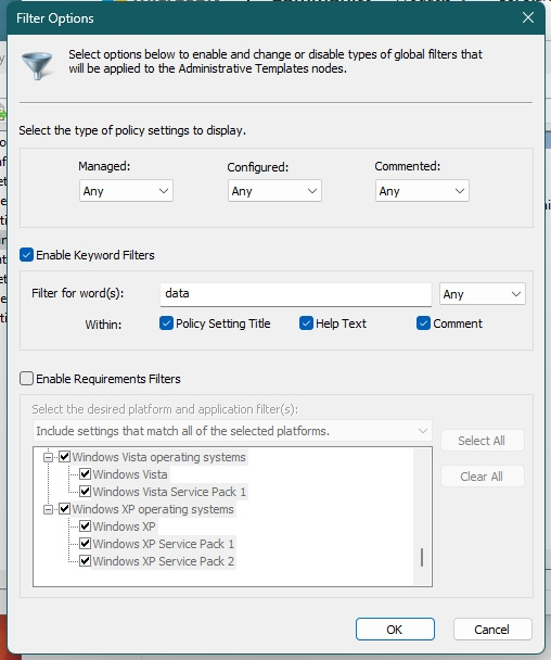 Word filtering in the local group policy editor gpedit msc does not