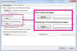 Font command in the Signatures and Stationery dialog box
