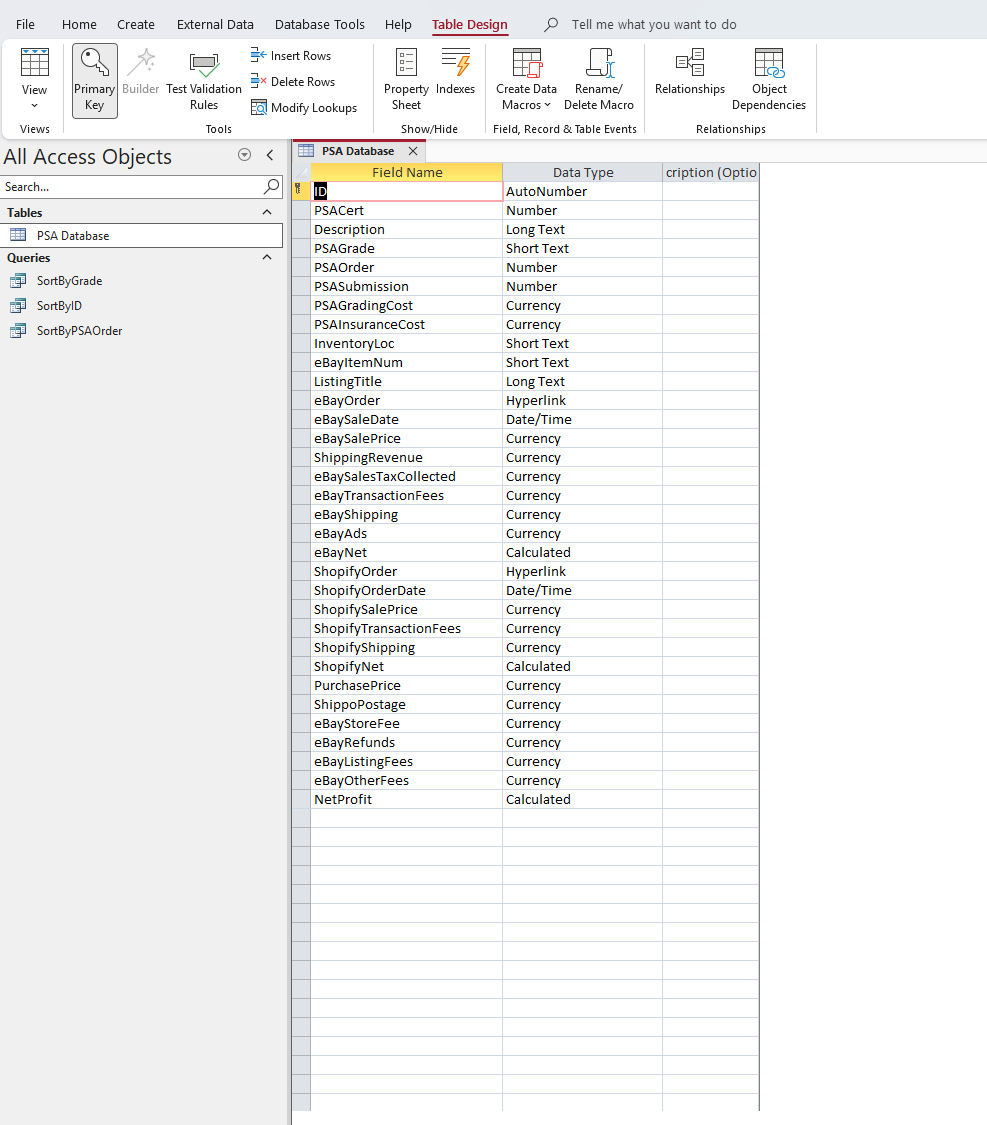 psa database design view screenshot