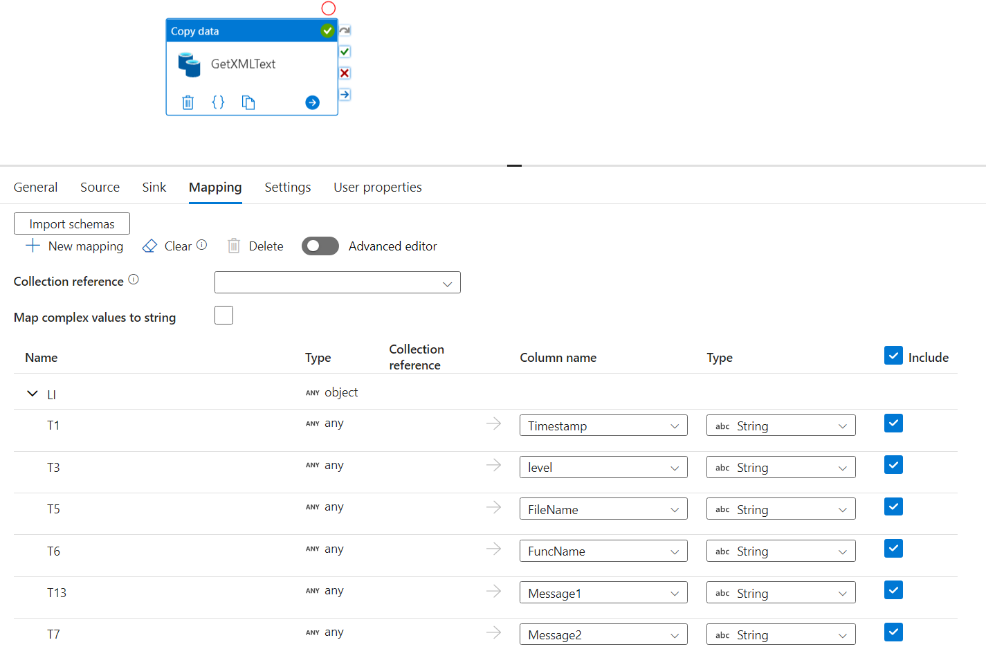 Which dataset and schema to choose in Azure Data Factory for log ...