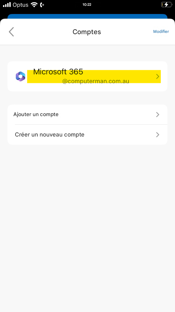 Optus10:22ComptesModifierMicrosoft ******@computerman.com.au>Ajouter un compte>Créer un nouveau compte>