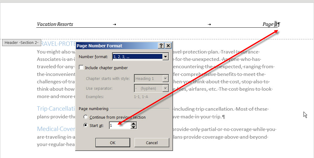 Changing page number in header of multipage document with Table of ...