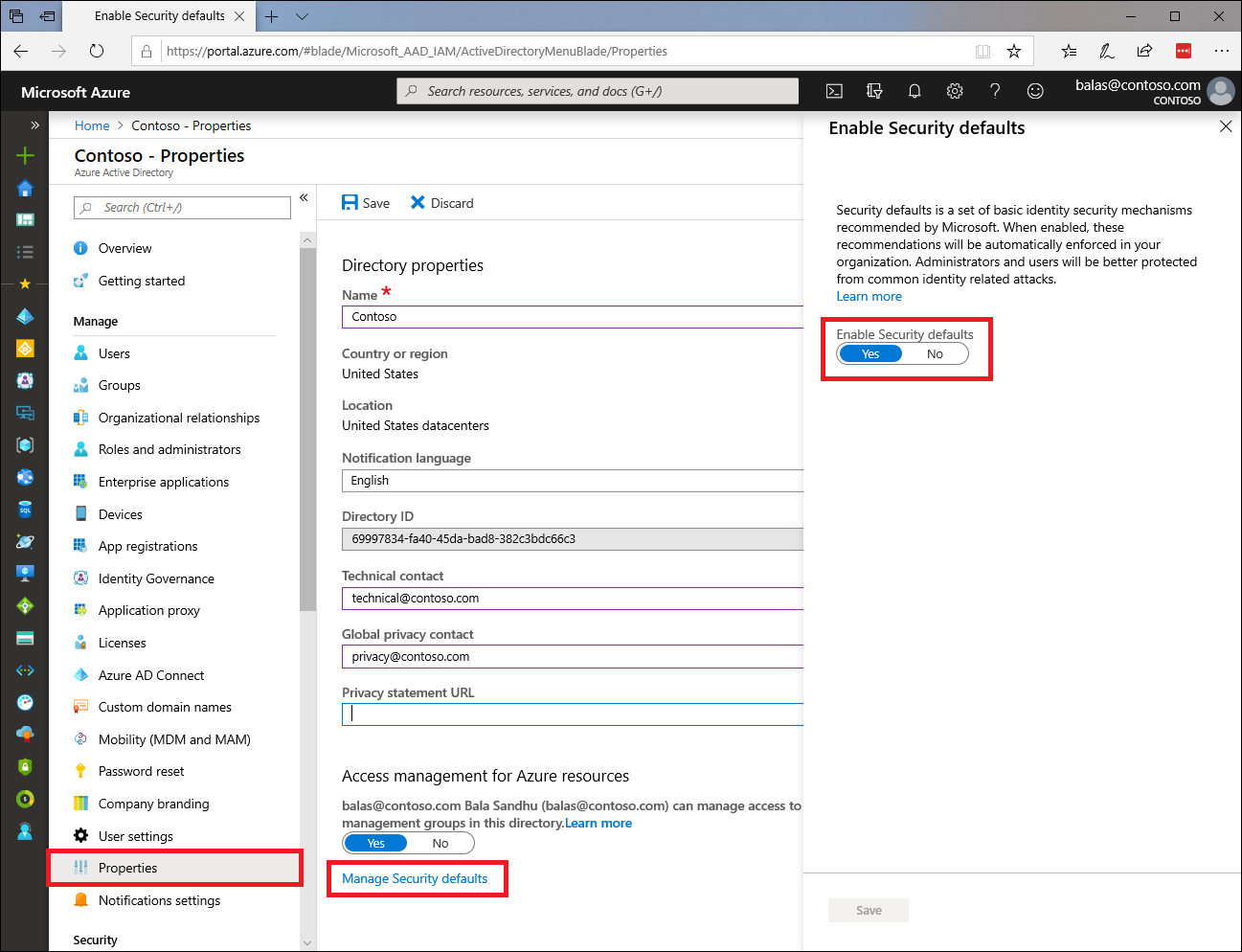Screenshot of the Azure portal with the toggle to enable security defaults