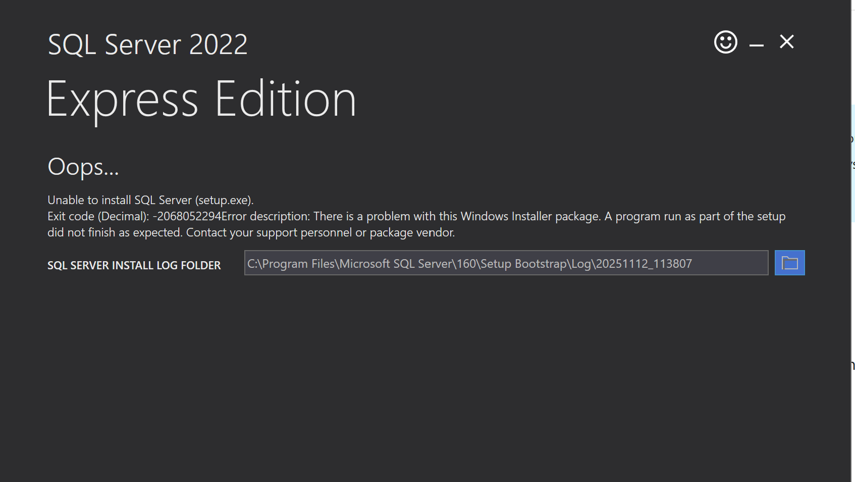 Unable to install SQL Server 2022 Express Edition Exit code (Decimal ...
