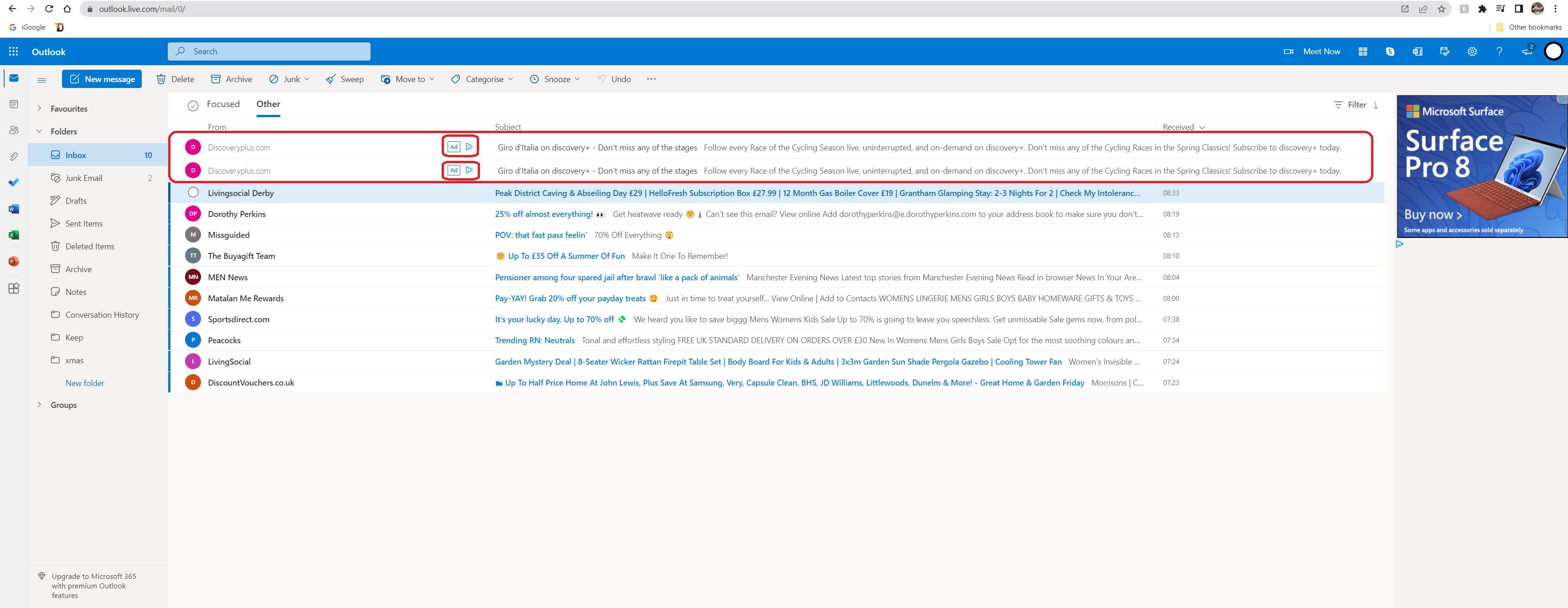 ads in emaIL Inbox - Microsoft Q&A