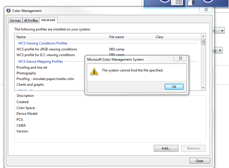 Microsoft Color Management System "The system cannot find the file ...
