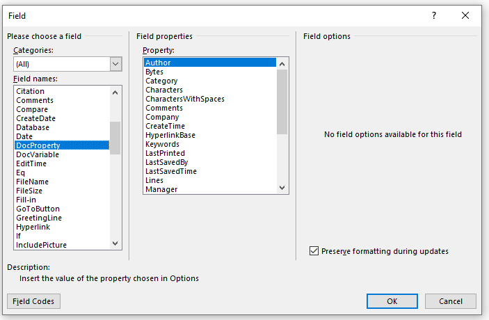 Doc Properties in Word