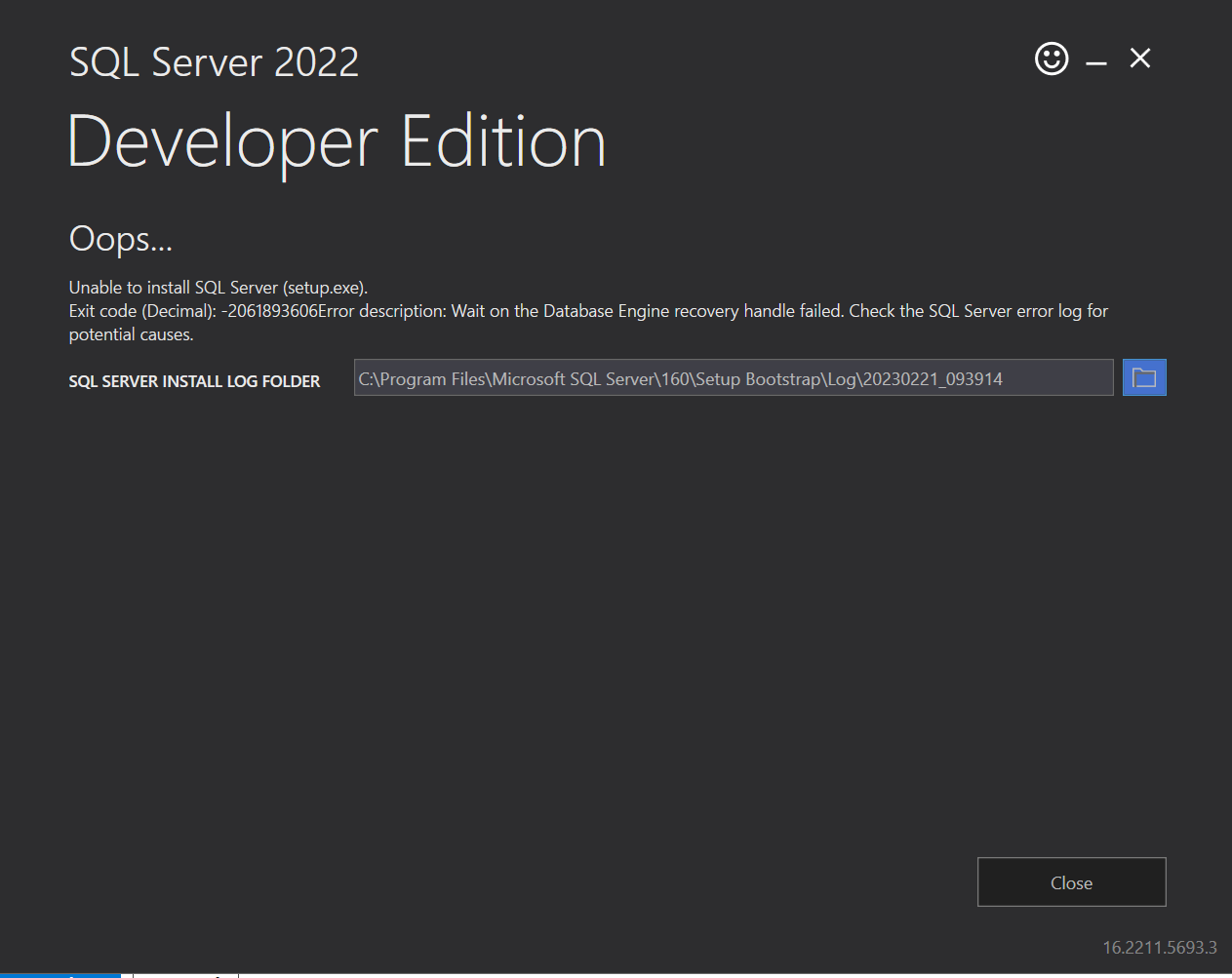Unable to Install SQl server Developer 2022 edition (Giving 