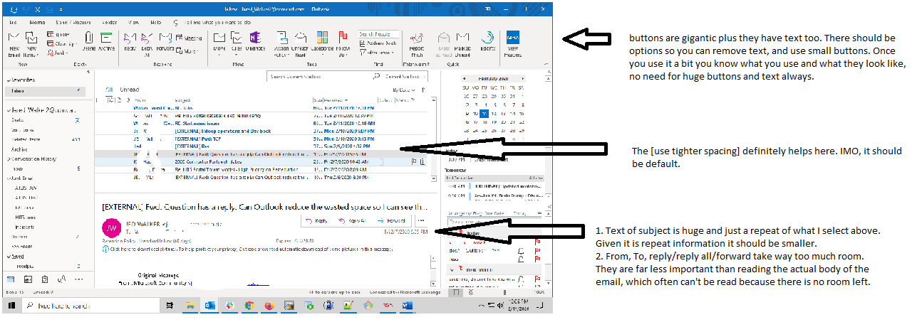 Can Outlook reduce the wasted space so I can see things? - Microsoft Q&A