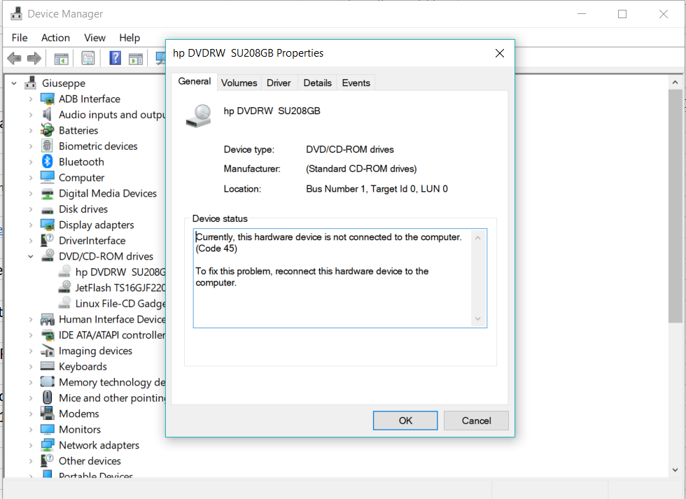 DVD/RW No Longer Recognized code: 45 - Microsoft Q&A