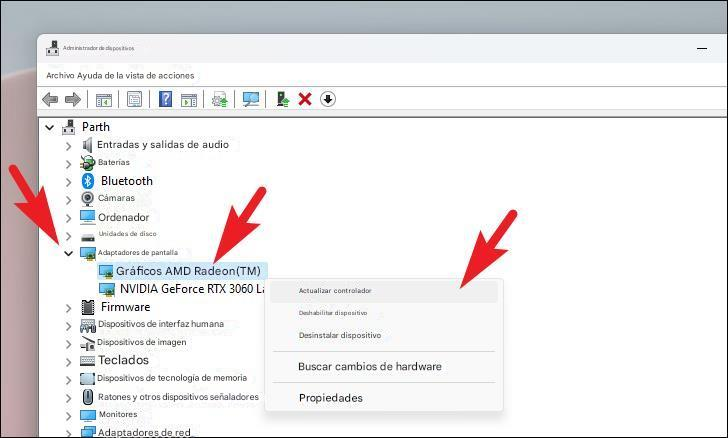 Administrador de dispositivosArchivoAyuda de la vista de acciones?DEX+Parth>>>>Entradas y salidas de audioBateríasBluetoothCámarasOrdenadorUnidades de discoAdaptadores de pantallaGráficos AMD Radeon(TM)NVIDIA GeForce RTX 3060 LiFirmwareDispositivos de interfaz humanaDispositivos de imagenTecladosDispositivos de tecnología de memoriaRatones y otros dispositivos señaladoresMonitoresAdaptadores de redActualizar controladorDeshabilitar dispositivoDesinstalar dispositivoBuscar cambios de hardwarePropiedades
