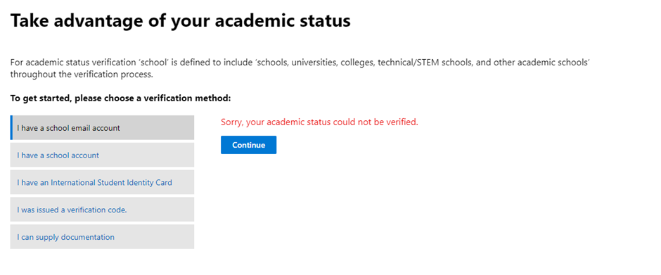 unable to verify my academic status - Microsoft Q&A