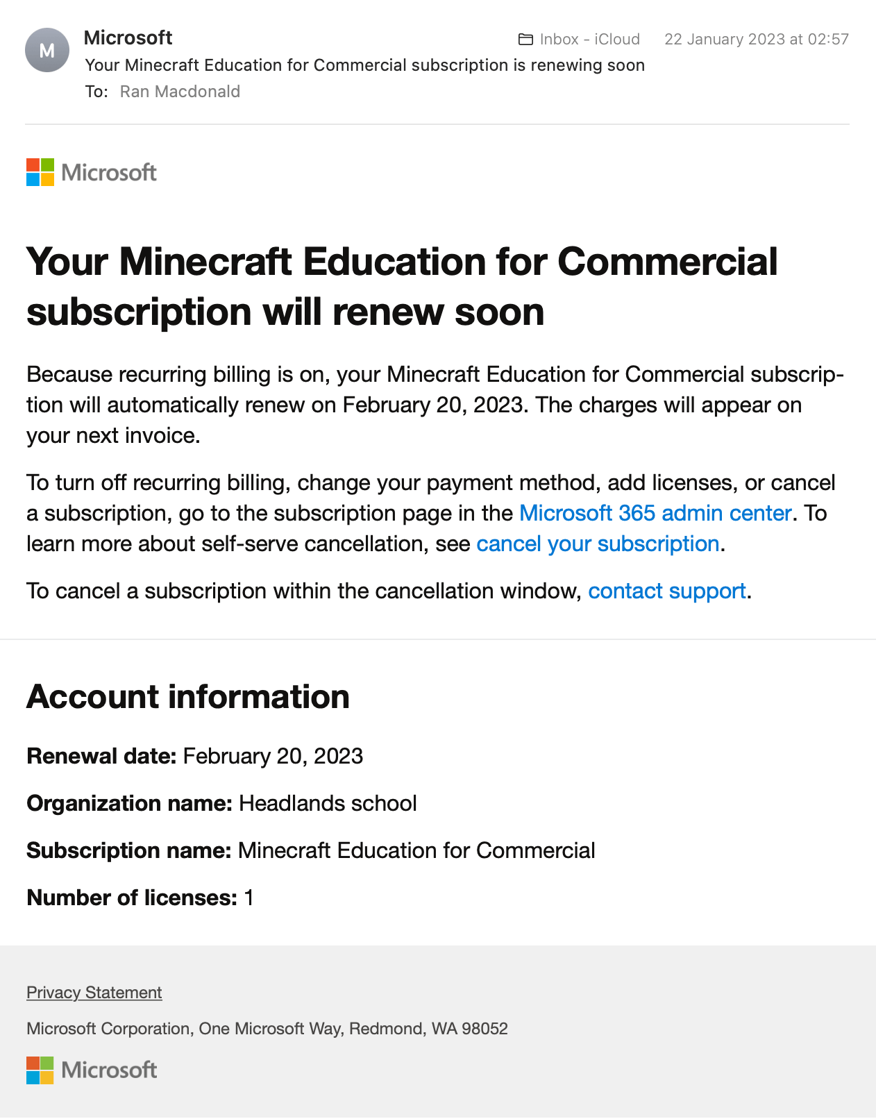 Minecraft Education for Commercial subscription will renew soon but I ...