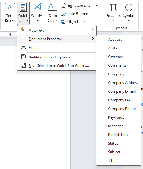 Microsoft Word Quick Parts Document Property (Missing)