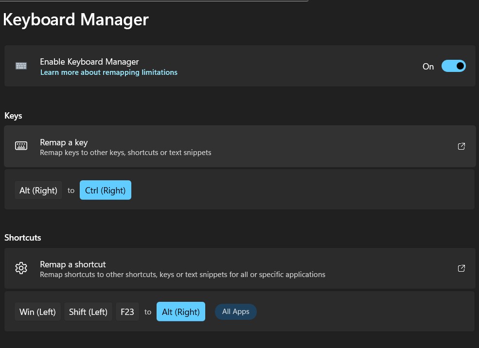 PowerToys - Keyboard Manager - Remap AltRt to CtrlRt & Copilot to AltRt - Screenshot 2025-12-08 183400
