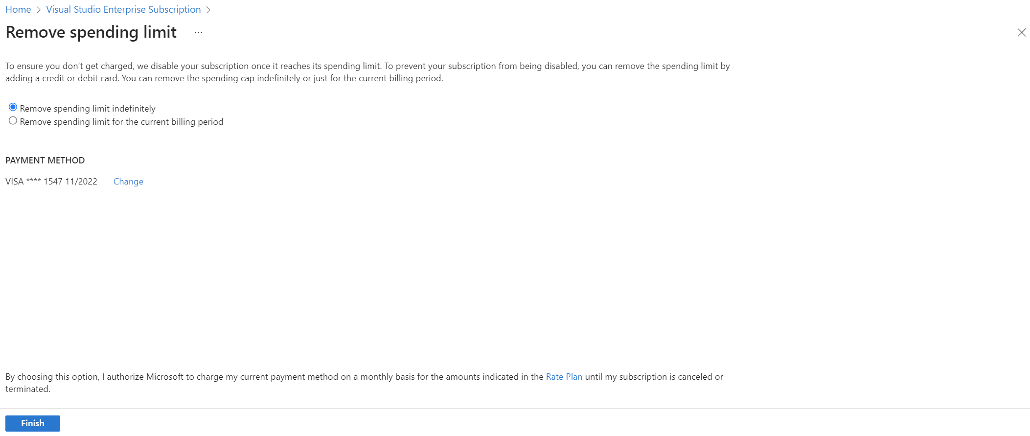 Screenshot that shows remove spending limit page.