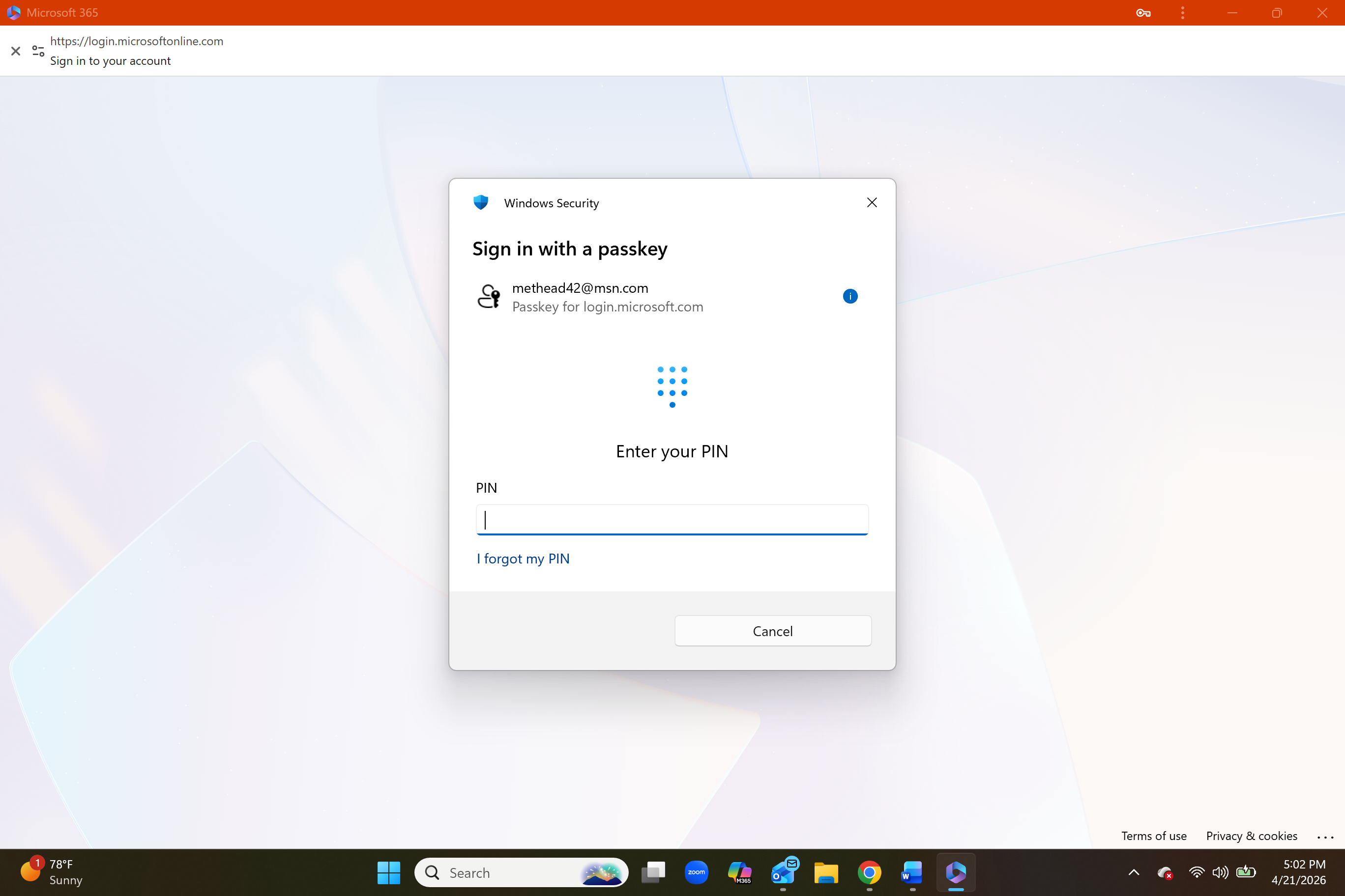 I cant remember the pin number to log into my office 360 account ...