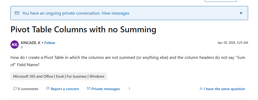Pivot Table Columns with no Summing - Microsoft Q&A