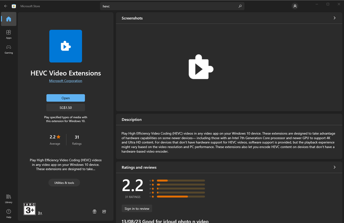 Getting the error HEVC Video Extensions Setup Wizard ended prematurely ...