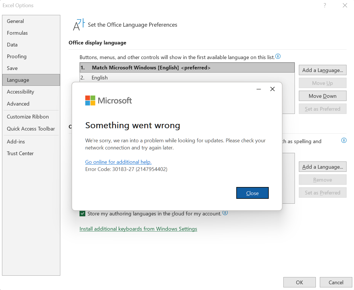 Error #30183-27 (2147954407) when installing language packs