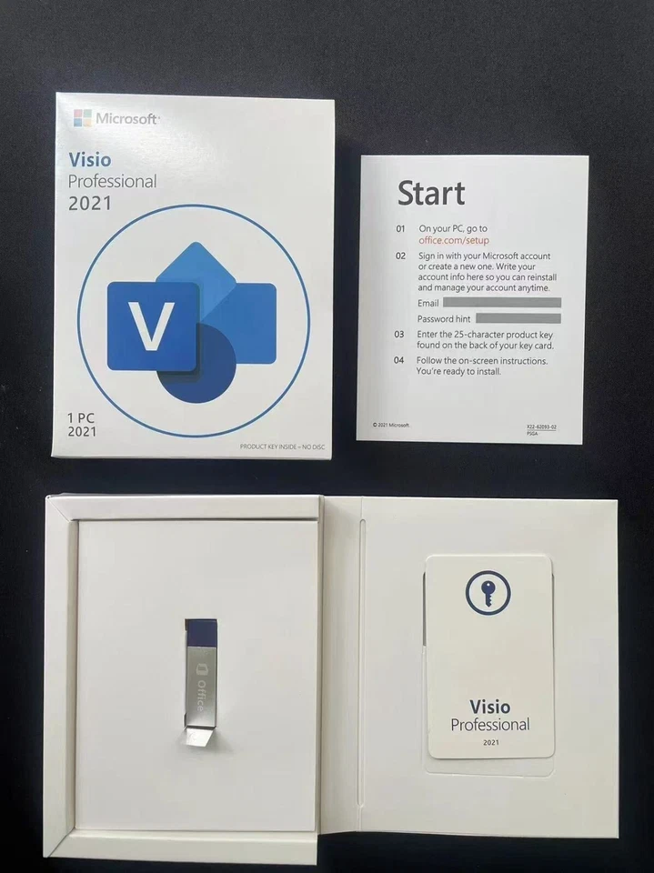 White box of Microsoft Visio Professional 2021 with green and blue V logo, and instructions for getting started.