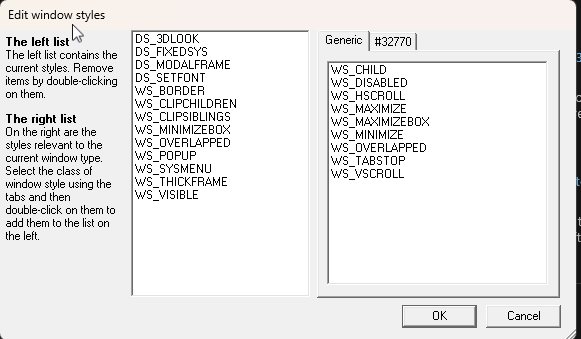 Window styles showing the thickframe style added to the reminders window