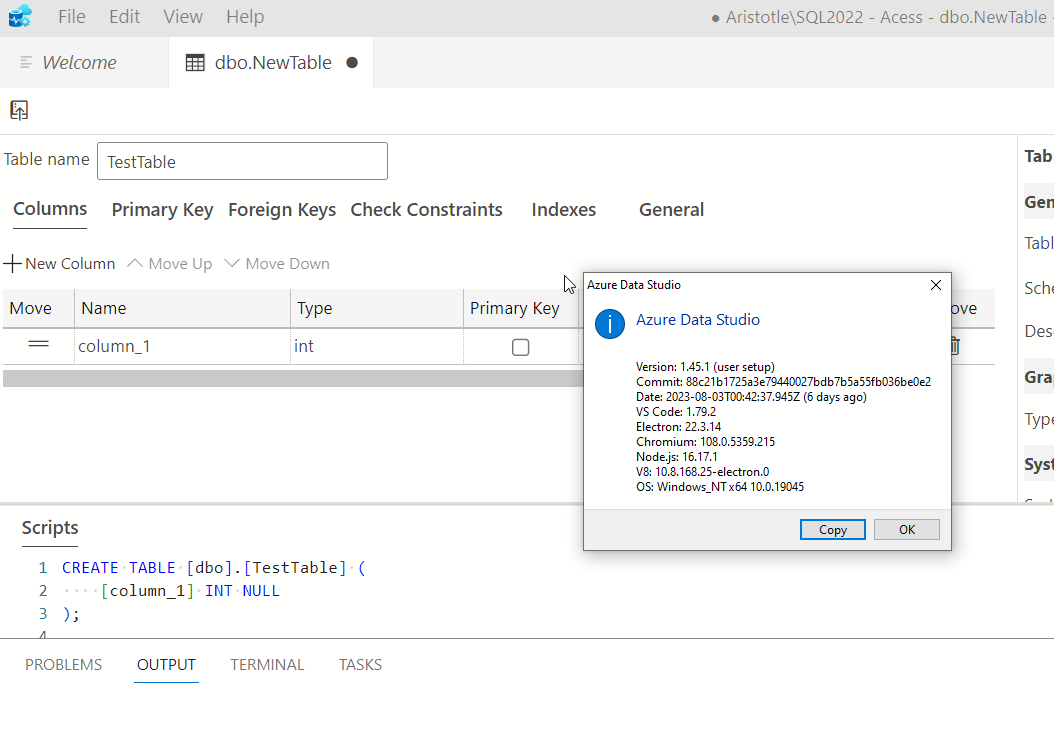 2023-08-09 10_53_35-● Aristotle_SQL2022 - Acess - dbo.NewTable - Azure Data Studio