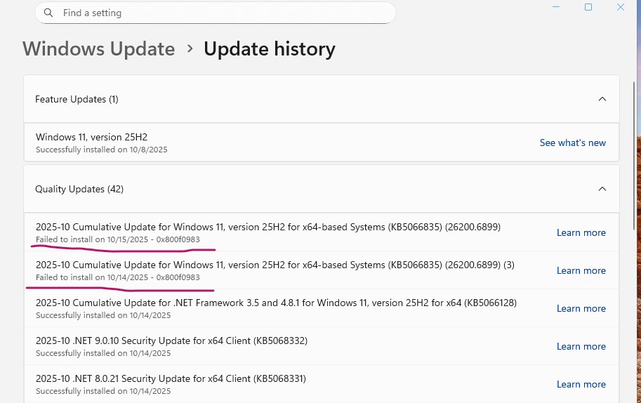 詳しくないので質問わ答えれる範囲のみで、、 Failed to install on ‎10/‎15/‎2025 - 0x800f0983>> 2025-10
