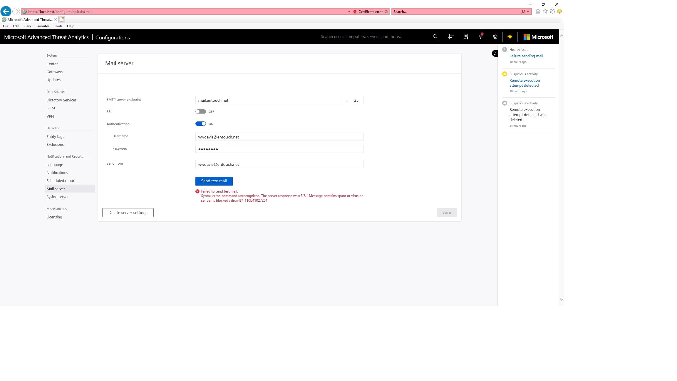 test mail in microsoft advanced threat analytics - Microsoft Q&A