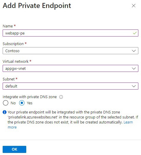 qna app service add private endpoint appgw2