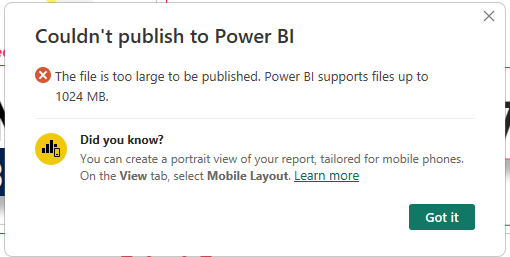 My Dashboard is above 1024 MB How can I publish my report? - Microsoft Q&A