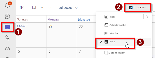 =8Juli 20262Monat ✓SonntagMontagDienstagTag>28. Juni2930ArbeitswocheIIIWoche1567Monat3Geteilte Ansicht