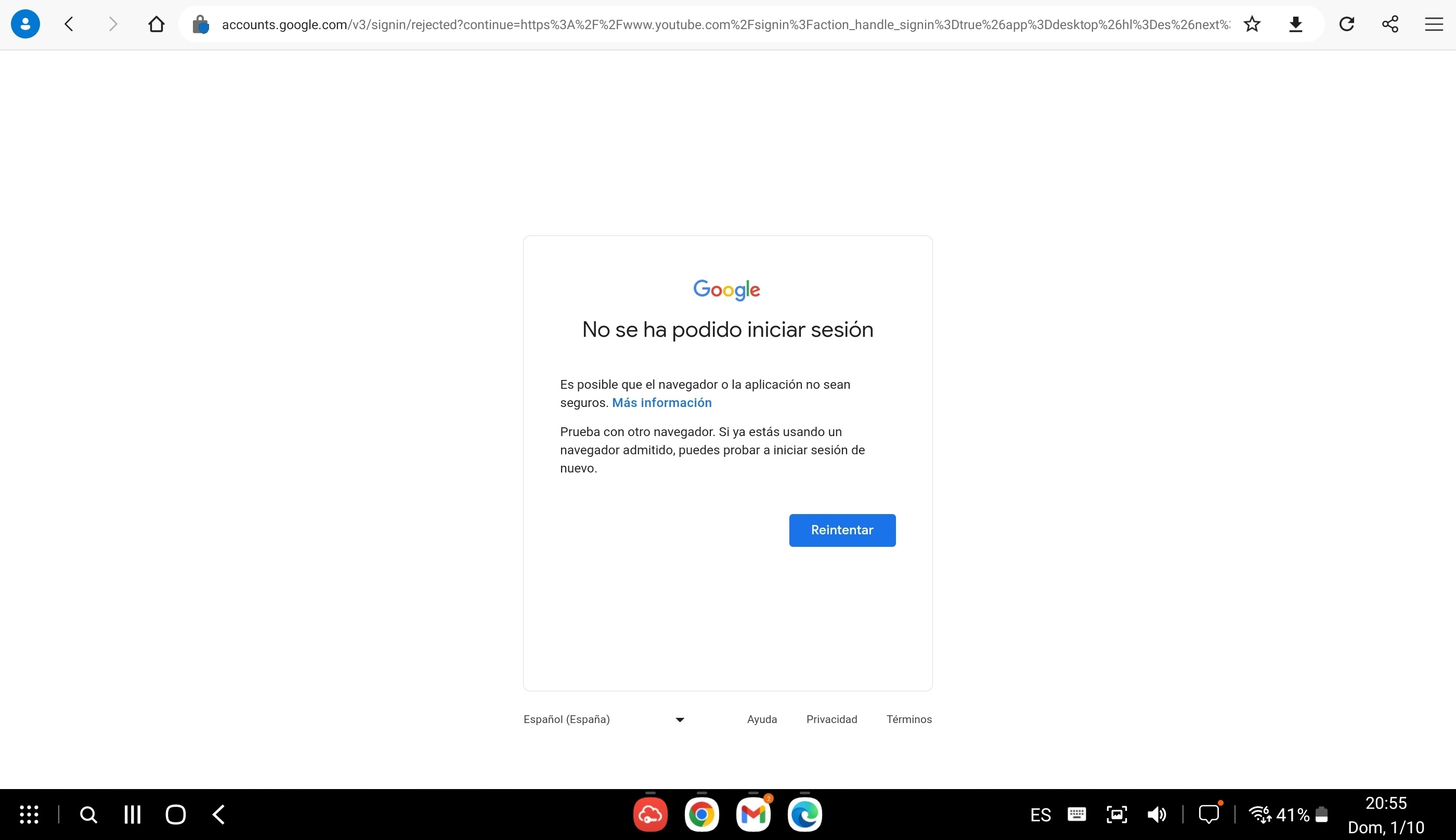 No puedo iniciar sesión en google con Edge para Android - Microsoft Q&A