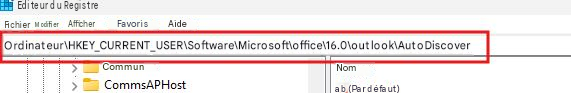Éditeur du RegistreFichierModifierAfficherFavorisAideOrdinateur\HKEY_CURRENT_USER\Software\Microsoft\office\16.0\outlook\AutoDiscoverCommunCommsAPHostNomab (Par défaut)
