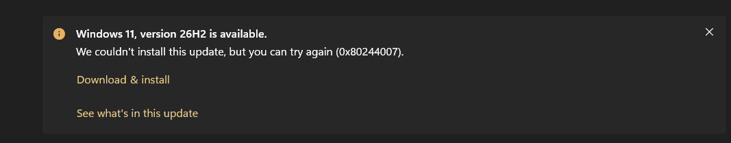 Unable to update Windows 11 , version 26H2 - Microsoft Q&A