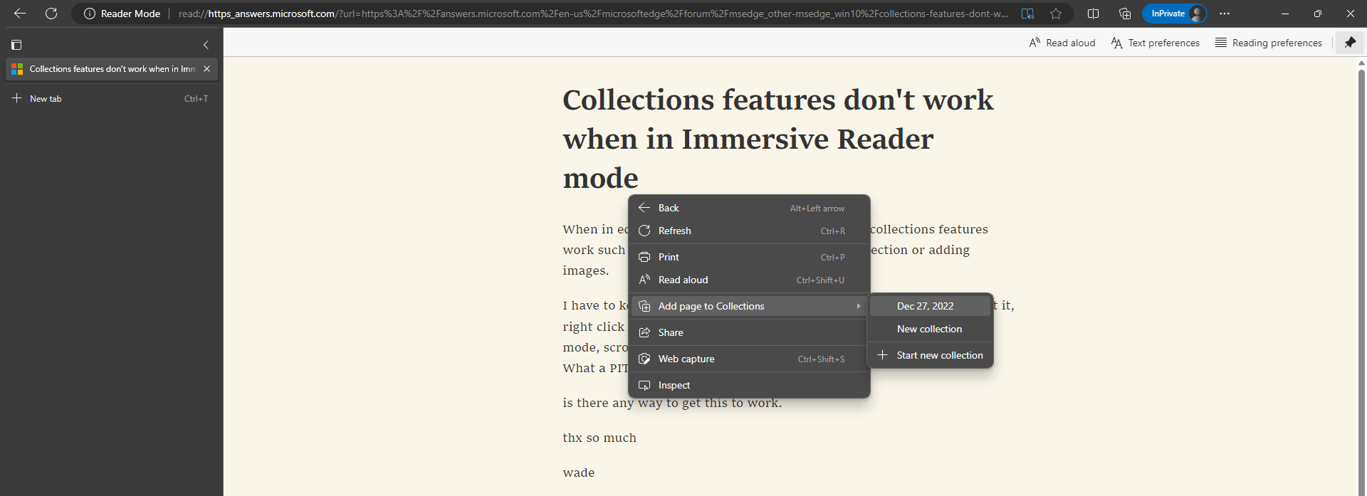 Collections features don't work when in Immersive Reader mode ...