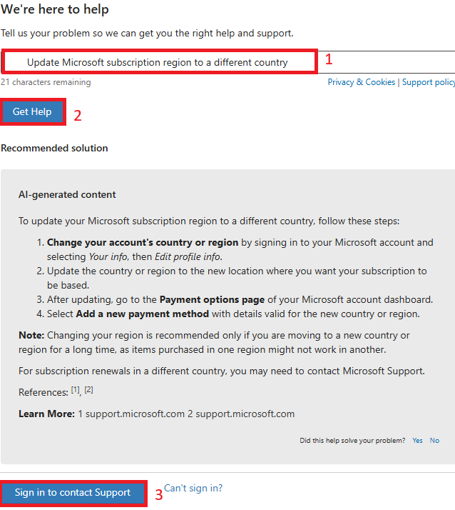 update my Microsoft subscription region , wish to change from China to ...