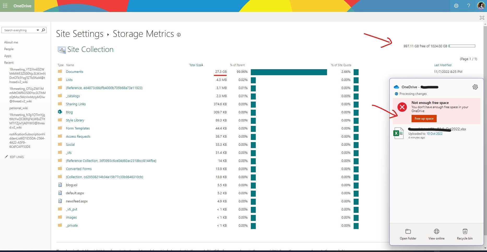 Why is OneDrive showing Not enough free space but when I click "Free up ...
