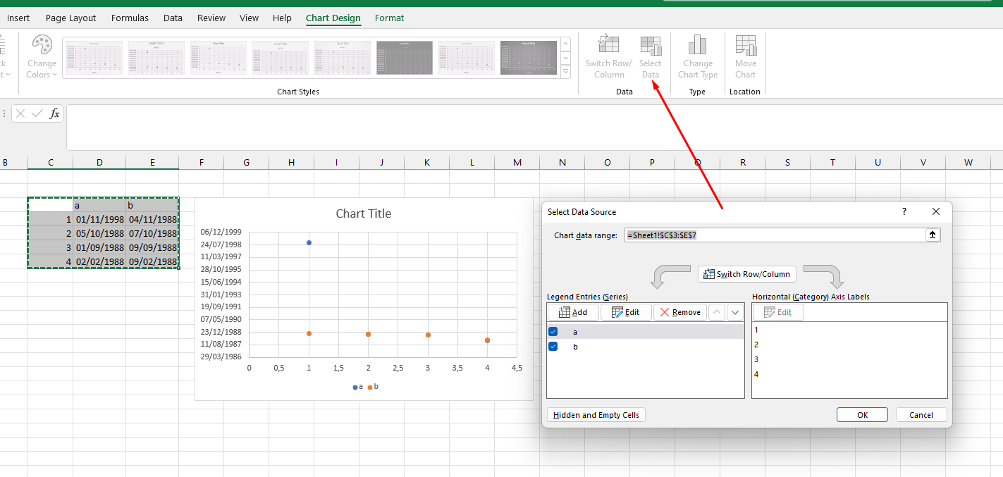 How to create a scatter plot with dates on both axes? - Microsoft Q&A