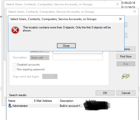 Hi Hannah,
Unfortunately I have tried this on all domains and all DC's with no change in results. What I have noticed is that when i go to add users to groups and via the advanced method, click find now which should give me a massive selection of all users if no filter is applied...i get the attached error and only selecting the last group/user i looked at previously? Not sure if this information helps at all?