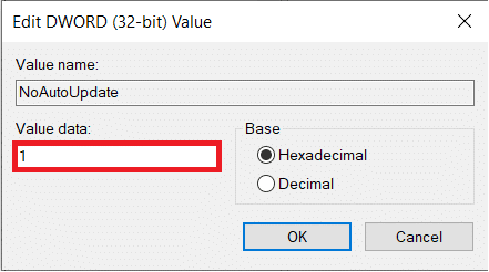 The default value data will be 0, i.e., disabled; change the value data to 1 and enable the NoAutoUpdate.