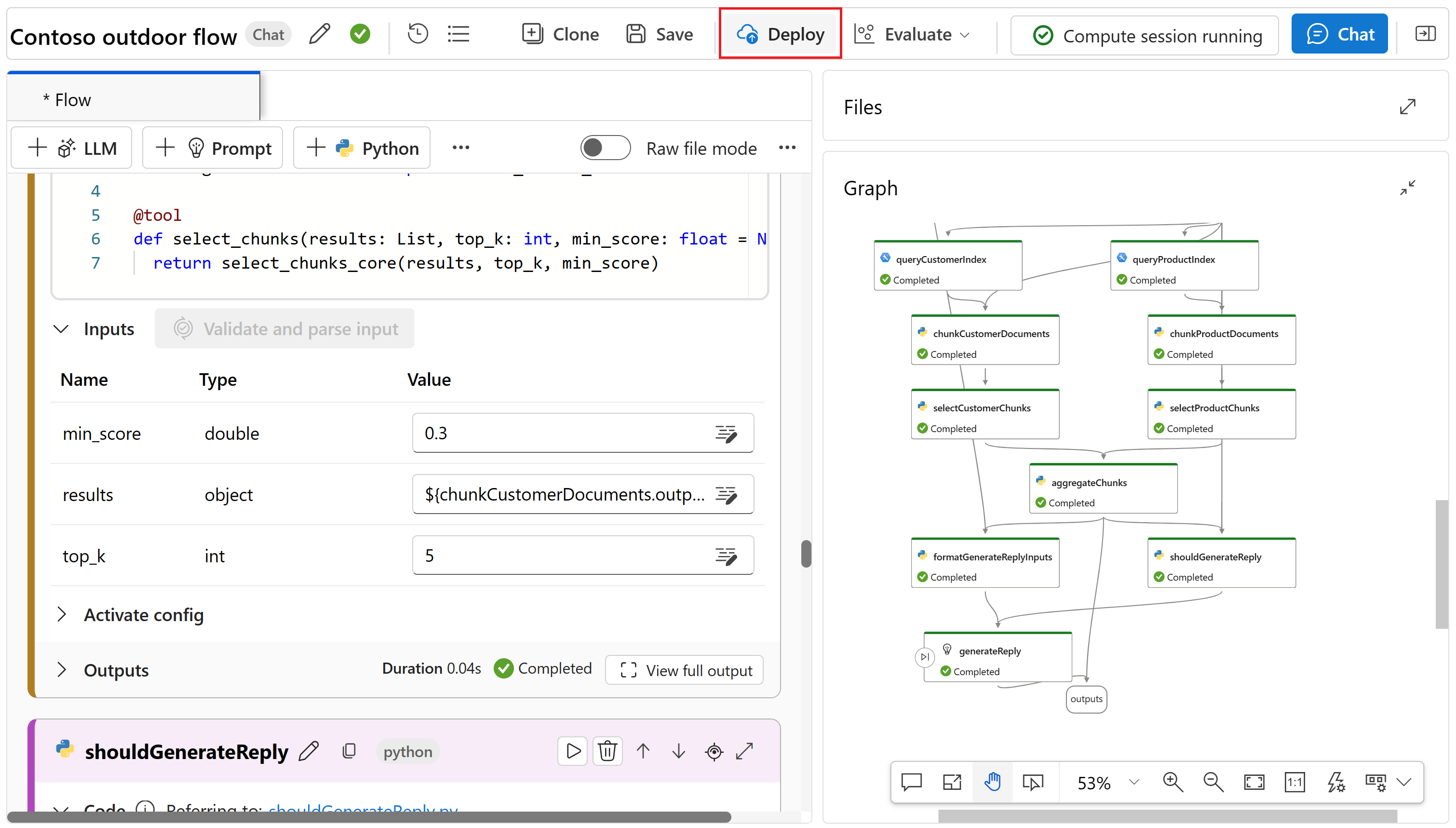 Screenshot of the deploy button from a prompt flow editor.