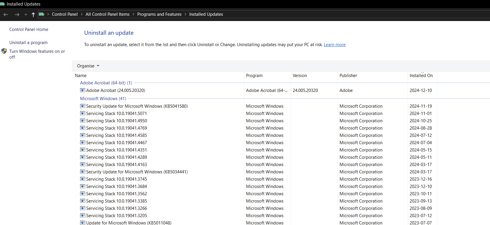 I can no longer see my Windows update history on my Windows 10 pc. I ...