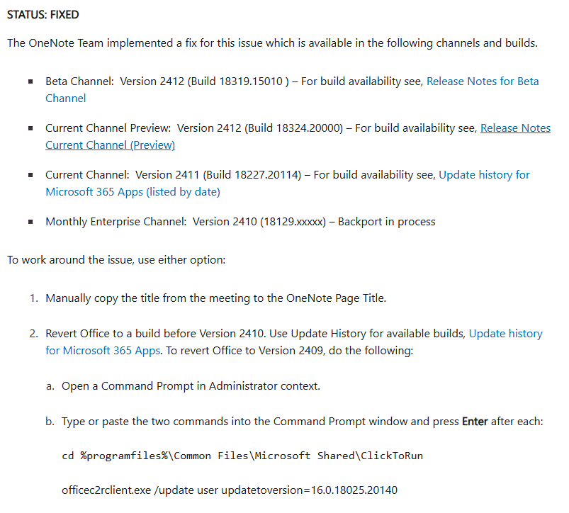 When I send an Outlook appointment to OneNote the page created is no ...