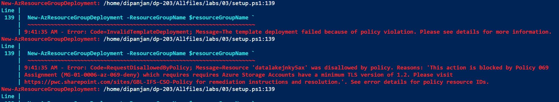 policy violation while running exercise for DP-203 - Microsoft Q&A