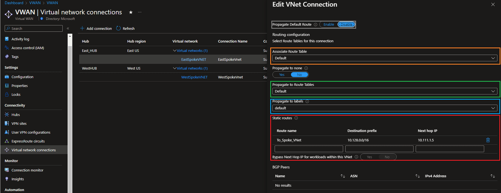 Propagation of the ROutes in VWAN configuration