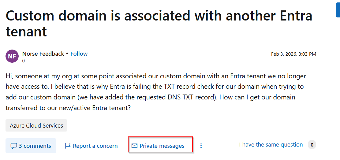 Custom domain is associated with another Entra tenant - Microsoft Q&A
